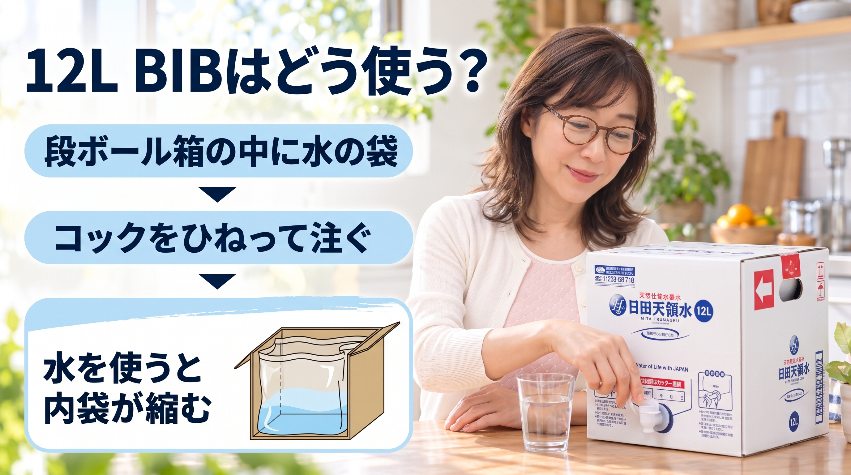 日田天領水12L BIBの説明図。段ボール箱の中の水袋、コックから水を注ぐ使い方、水を使うと内袋が縮む様子を女性と商品箱とともに示している