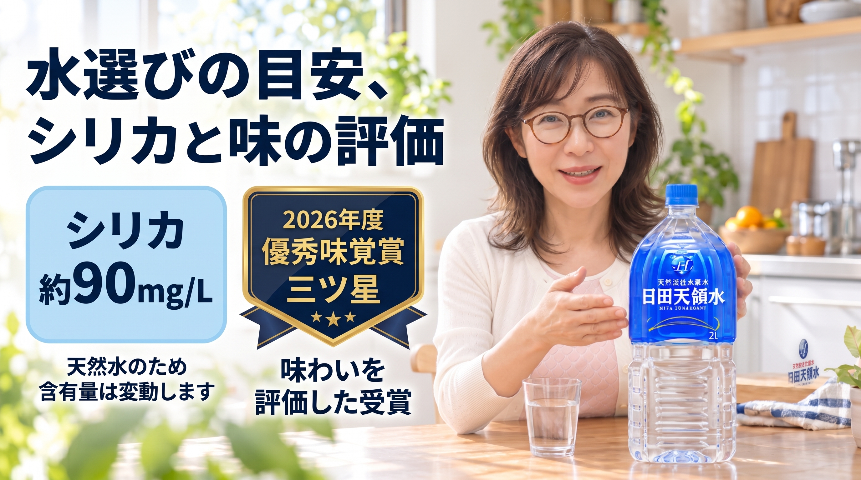 日田天領水の2Lボトルと女性を中心に、シリカ約90mg/Lと2026年度ITI優秀味覚賞三ツ星を紹介する画像。天然水のため含有量が変動すること、味わいを評価した受賞であることも示している