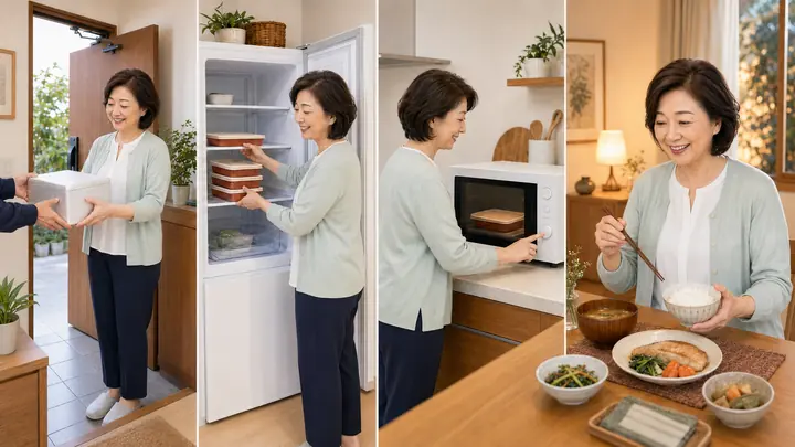 冷凍宅食を受け取り、冷凍庫にしまい、電子レンジで温め、食卓で楽しむ4つの場面